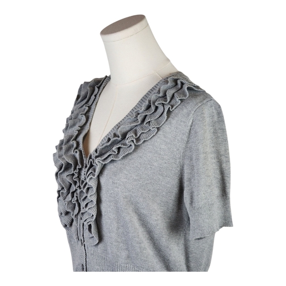 Worthington Gray Ruffle Front Cardigan Sweater Size Large Short Sleeve - Picture 2 of 6